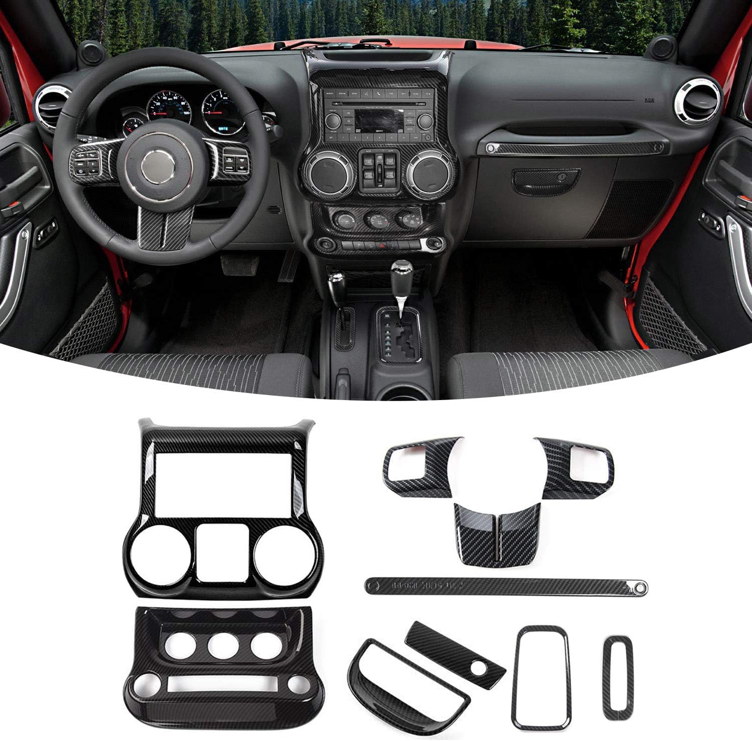 RT-TCZ for Jeep JK Interior Trim Kit Black, JKU Center Console Dashboard Panel Trim Cover for Jeep Wrangler JK JKU 2011-2017 Black ABS Carbon Fiber Interior Accessories 10pcs