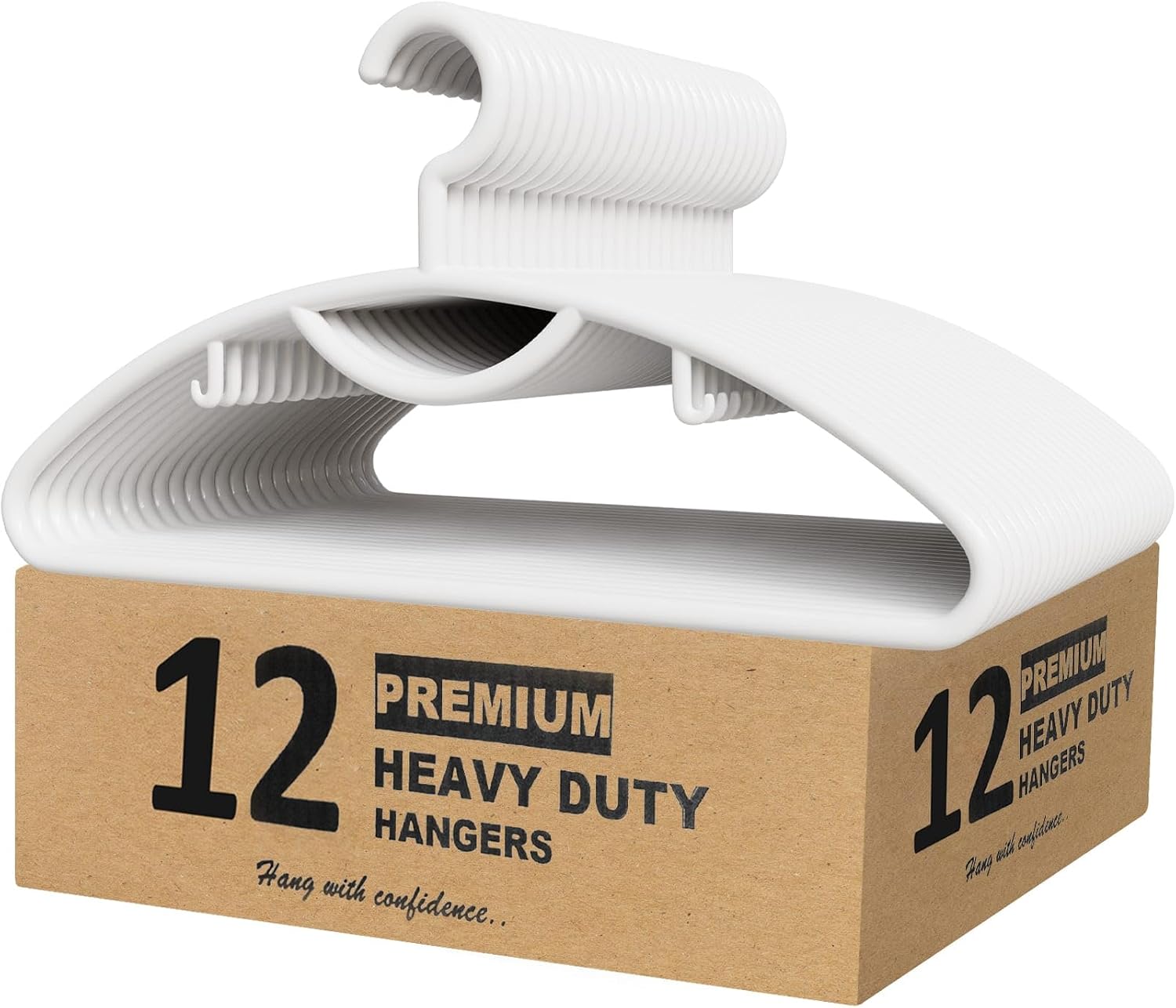 Plastic Clothes Hangers- Heavy Duty Plastic Hangers for Clothes, Coats, Dress, Suits- Non Slip Closet Cloth Hanger with Hook for Scarves, Belts & Ties- Snag Free White Hangers for Shirts (Pack of 12)