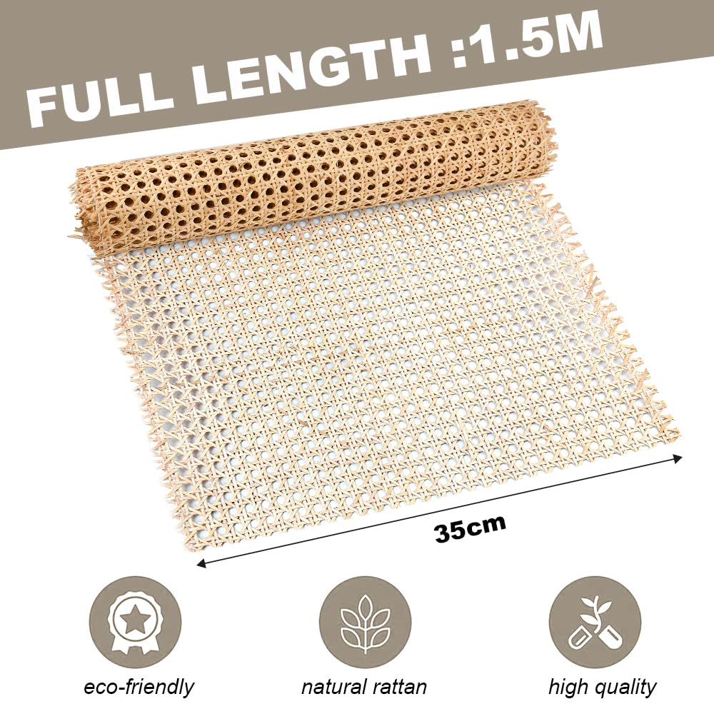 Kleemeiero Rattan Gurtband, 35 x 150cm Rattan Geflecht Natürliches Rattan-Gurt Cane Webbing Rattan Roll Rattan Geweberolle Gewebtes Offenes Rattan Wabengeflecht für DIY-Projekte Möbeldekoration