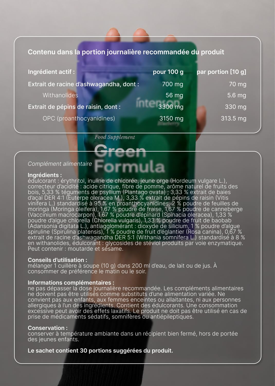 Intenson Green Formula Myrtille, Super Greens en Poudre, Mélange de Superaliments avec Chlorella, Spiruline, Ashwagandha avec OPC et Moringa, Sans Sucre, Naturellement Sucré, 300 g