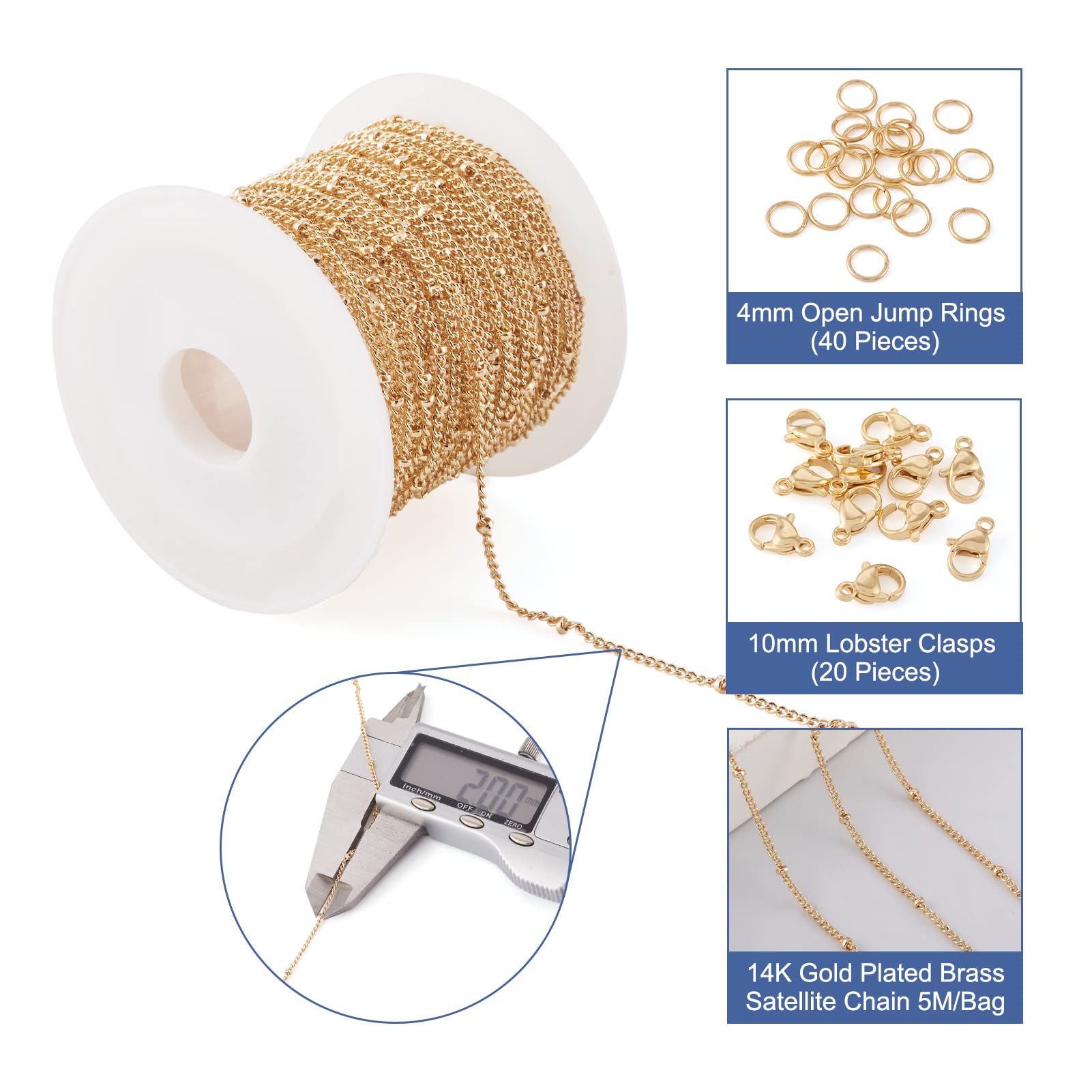 Kit Chaîne Trombone Dorée 5m + 100 Anneaux + 30 Fermoirs - PH PandaHall Pour Création Bijoux Colliers Bracelets