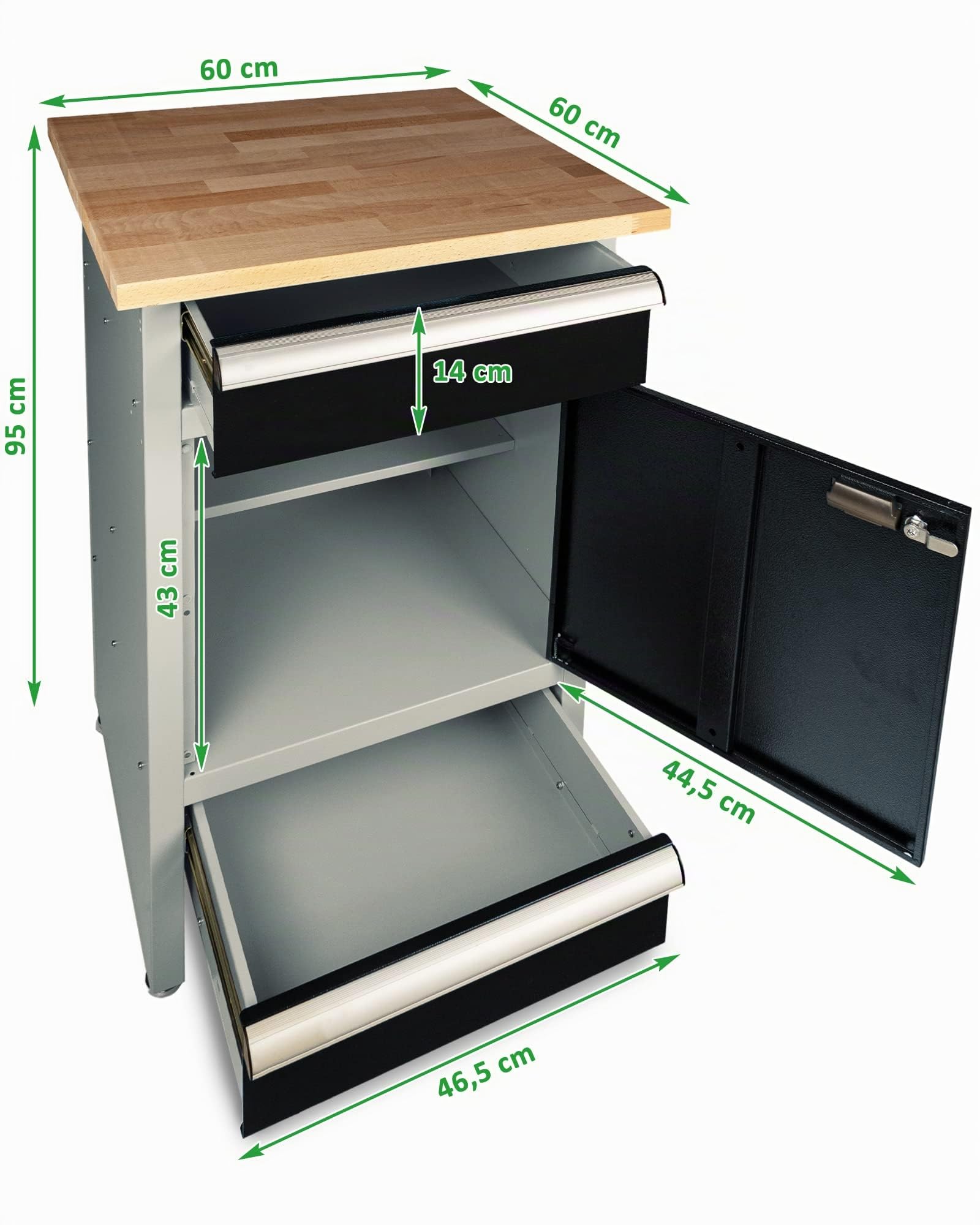 Ondis24 PRO Werkbank Finn 60cm Werktisch aus Metall mit 1 Tür 2 Schubladen und Aluminiumgriffen Schwarz Grau Arbeitshöhe 95cm wählbare Arbeitsplatte (Buche)