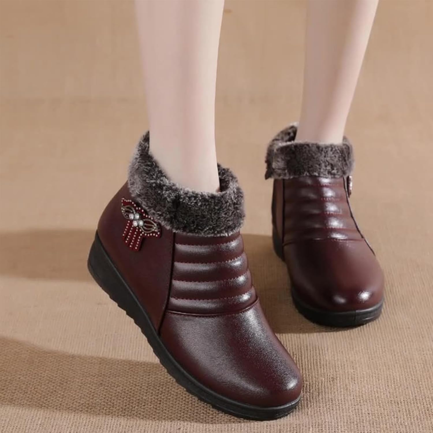 Women Winter Fur Lined Warm Snow Boots With Side Zipper Comfortable Lightweight Soft Sole Non-Slip Mama Short Shoes Outdoor Walking Camping Booties