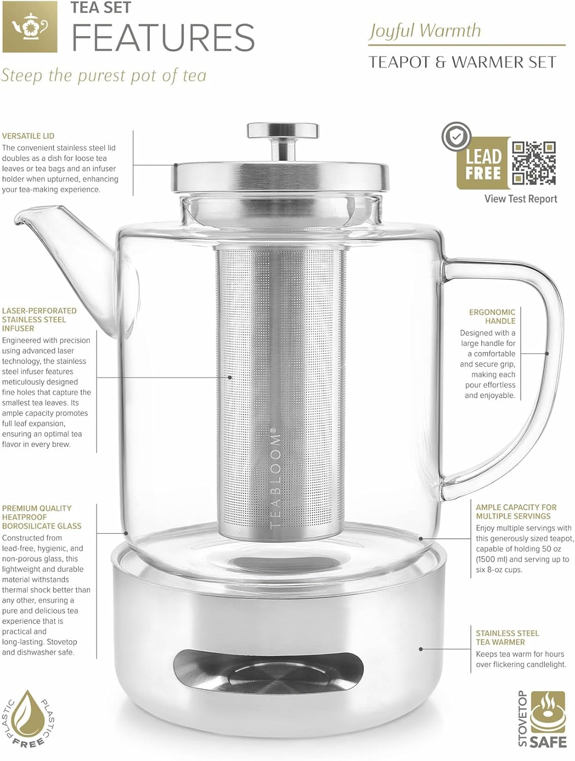 Teabloom Joyful Warmth Teapot with Tea Warmer – 50 oz (6+ Cups) Hand-Blown Borosilicate Glass, Stainless Steel Loose-Leaf Infuser, Heat-Resistant Kettle, Elegant Gift Set for Tea Lovers