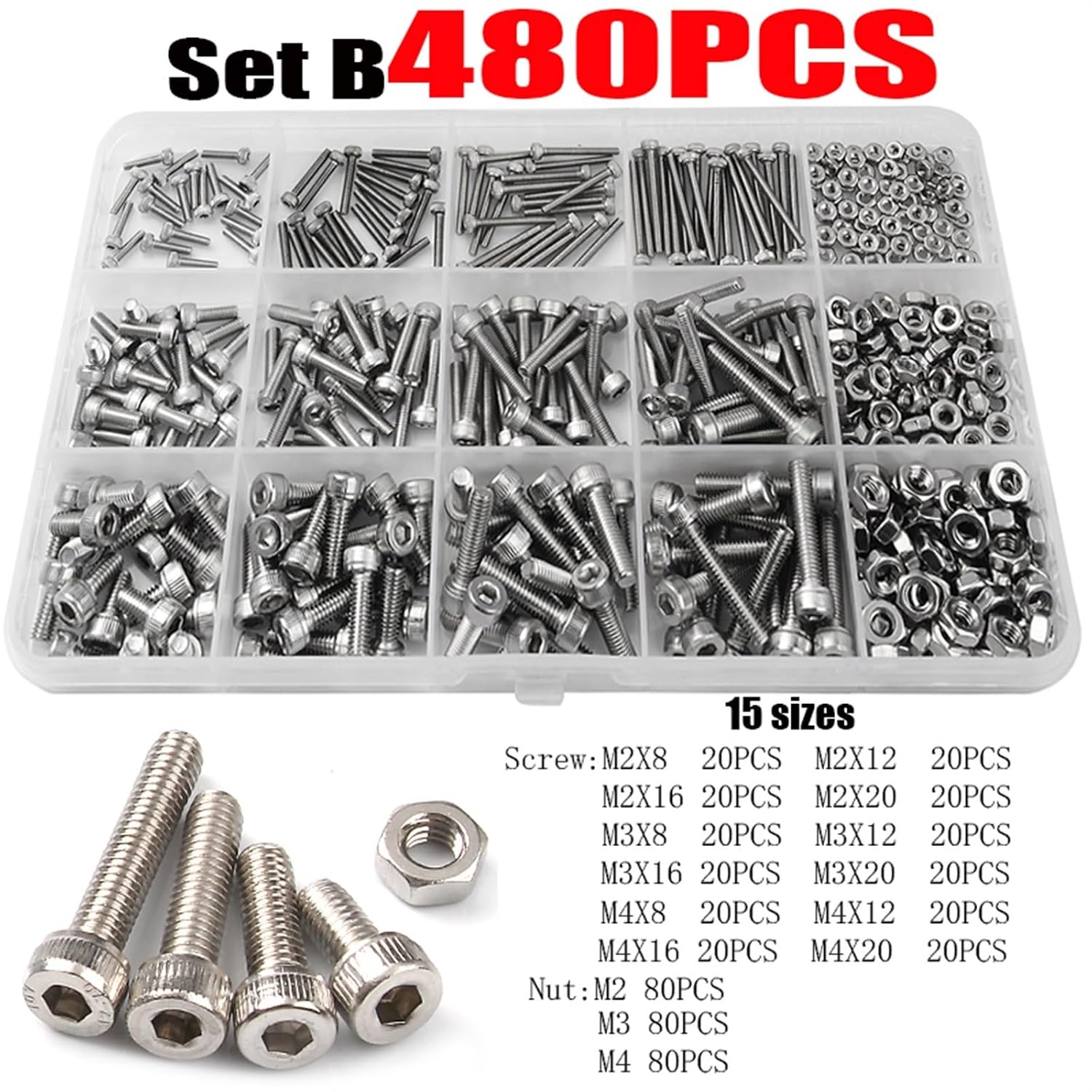 320/440/480pcs M2 M3 M4 M5 304 Stainless Steel Hexagon Socket Bolt and Nut Round Head Screw Bolt Nut Set Assortment Kit Box(320PCS M3)