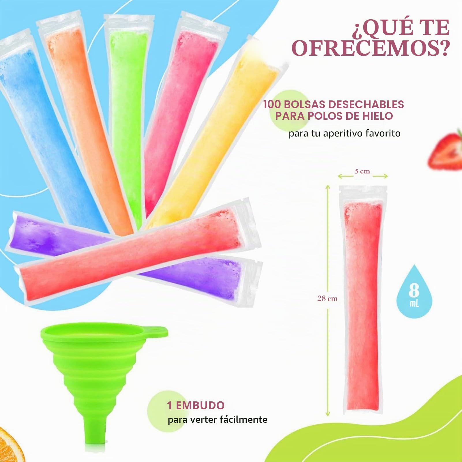 100 Pcs Bolsa Paletas de Hielo Desechable, Mold Bolsas Popsicle, Bolsas para Hacer Popsicles con Embudo, sin BPA, para DIY Saludables Yogur Batidos de Frutas Golosinas Pops