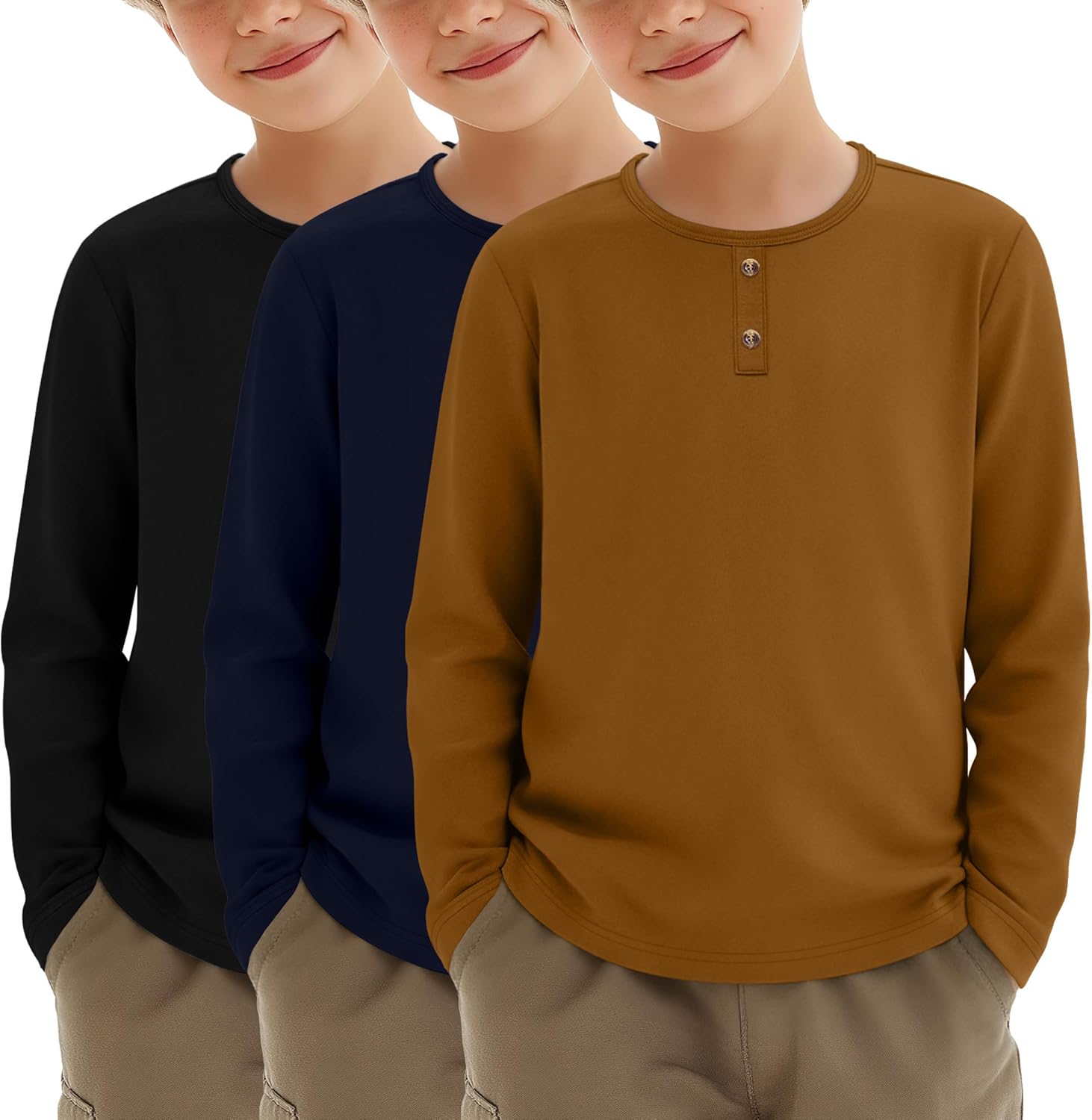 3 Pack Boys Long Sleeve Shirts Crew Neck Casual Tops Decorative Buttons Kids Toddler Soft Pullover Tees 3-12 Years