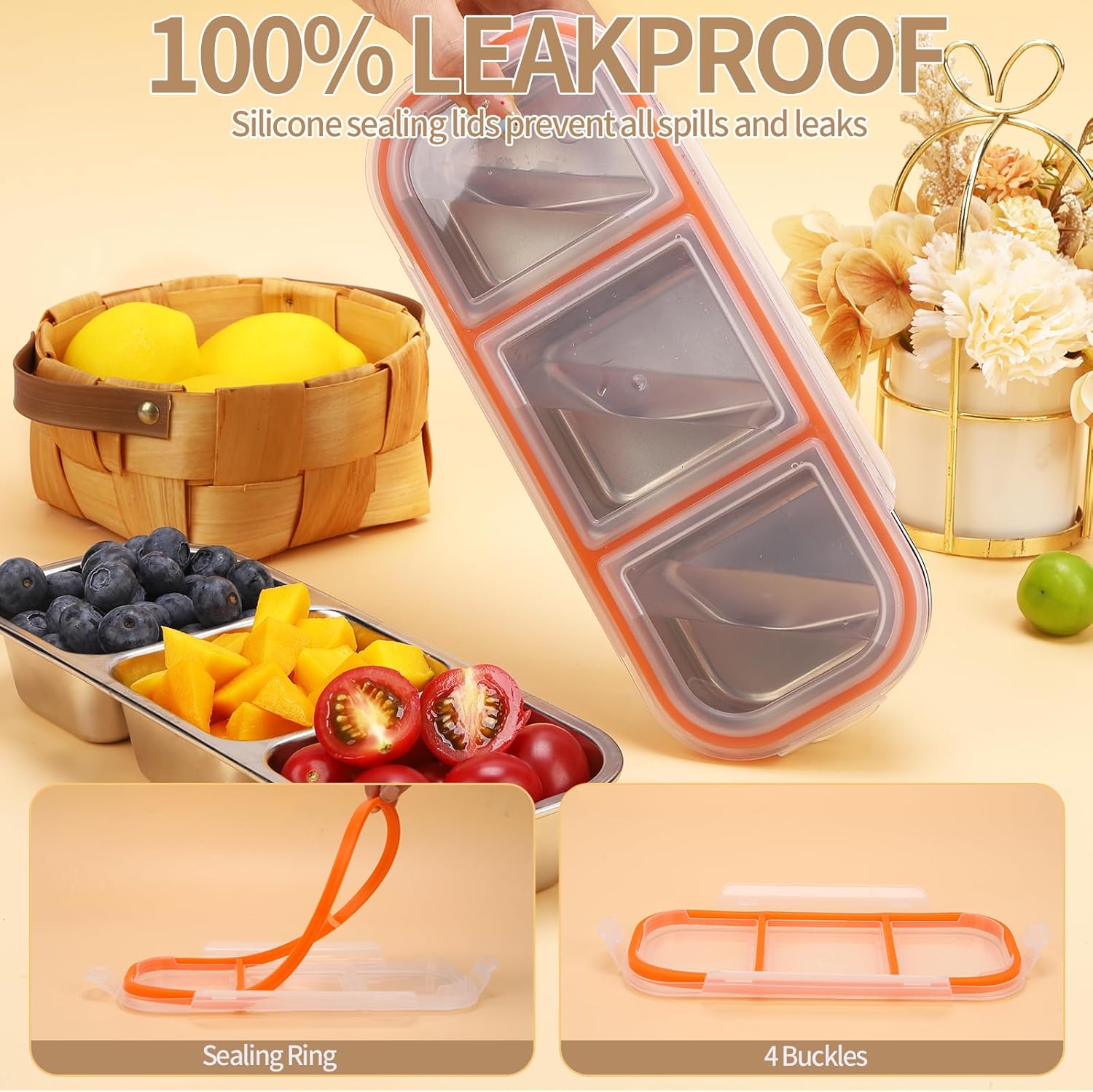 Stainless Steel Snack Containers 2 Pack, Reusable Metal Snack Box Containers with Lids, 3 Compartment Leakproof Snack Prep Containers for Kids, Adult, Home, Travel - BPA Free - Image 2