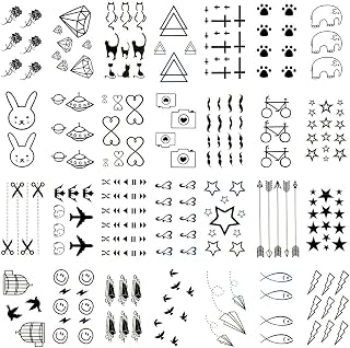 30 Sheets Small Cute Temporary Tattoos Kit - Black Foot Print Camera Elephant Star Diamond Cross Bird Cat for Kids Women Men