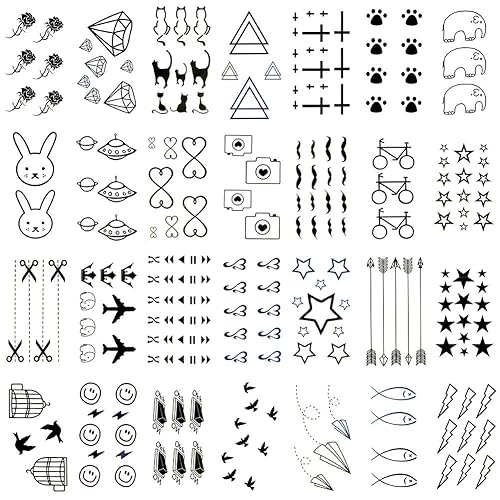 Kit de tatuajes temporales pequeños y bonitos de 30 hojas, cámara negra con estampado de pies, elefante, estrella, diamante, cruz, pájaro, gato,
