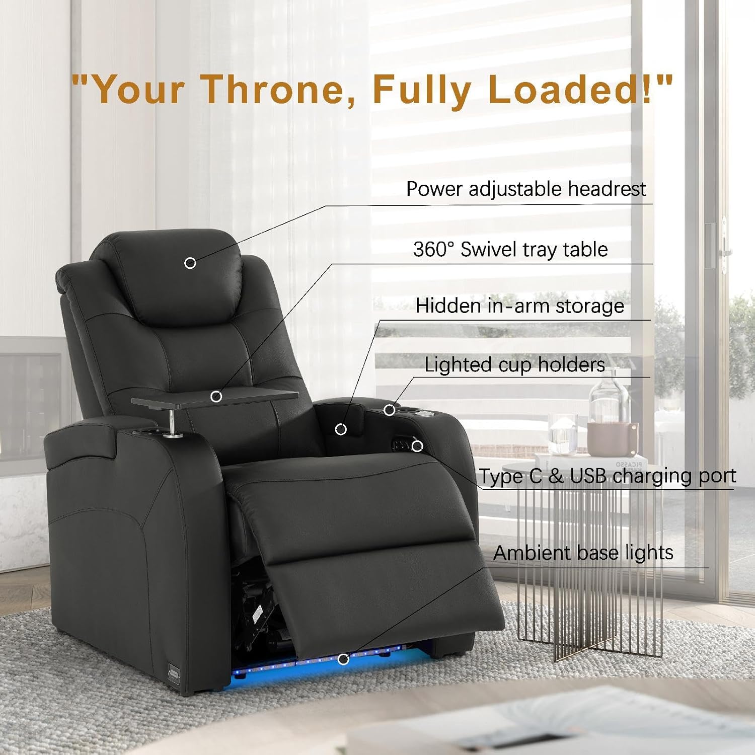 comfiroom Home Theater Seating Simple Style Top Grain Nappa Leather Recliners Chair Dual Power Movie Gaming Sofa Chair Electric Headrest with Tray Table Type-C USB Charger (Black, Row of 1)