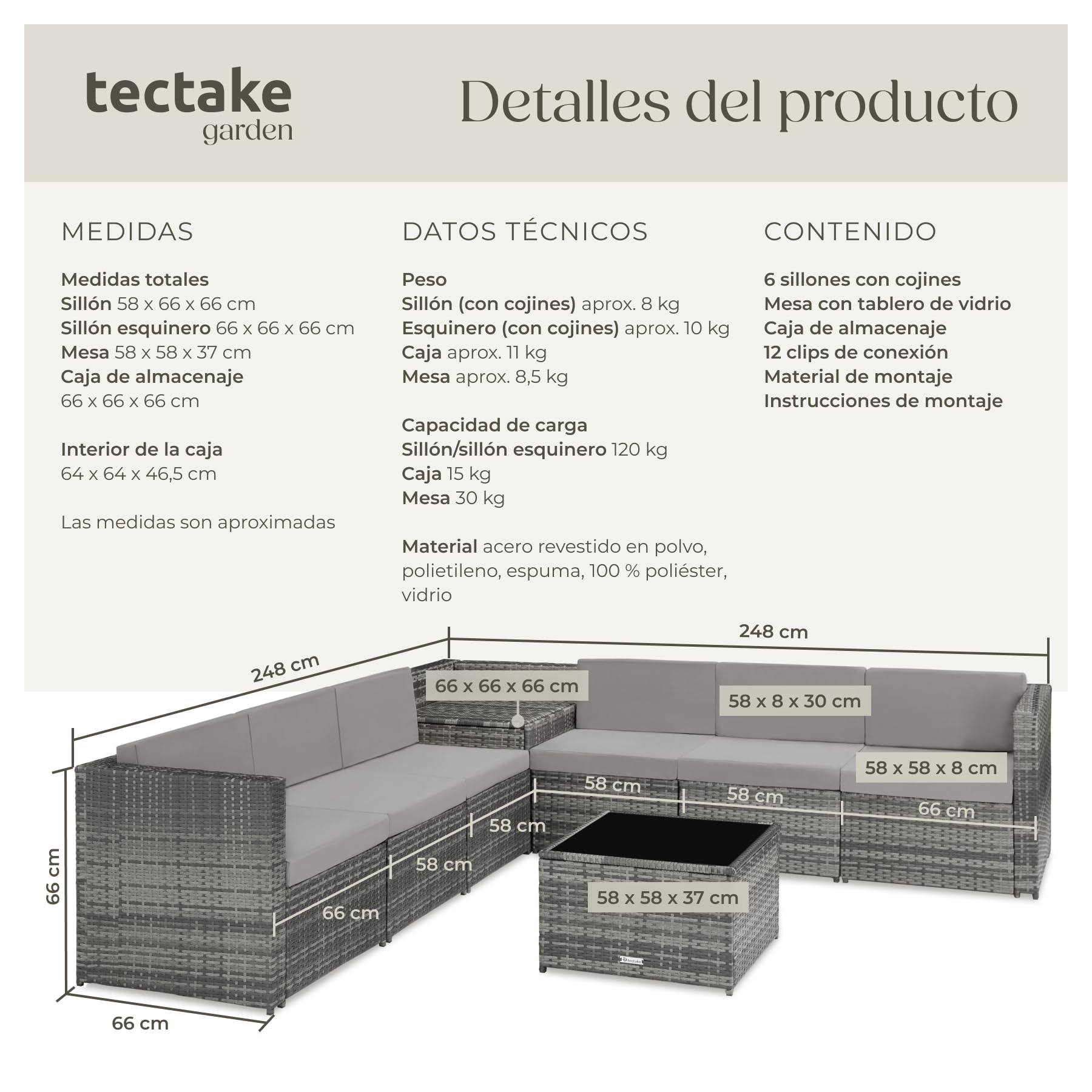tectake® Conjunto Jardín de Ratán, Muebles Jardín Exterior 6 Sillones, 1 Mesa con Cristal, 1 Baúl Almacenamiento, Conjunto Terraza Resistente a la Intemperie, con Cojines, Estructura en Acero - Gris