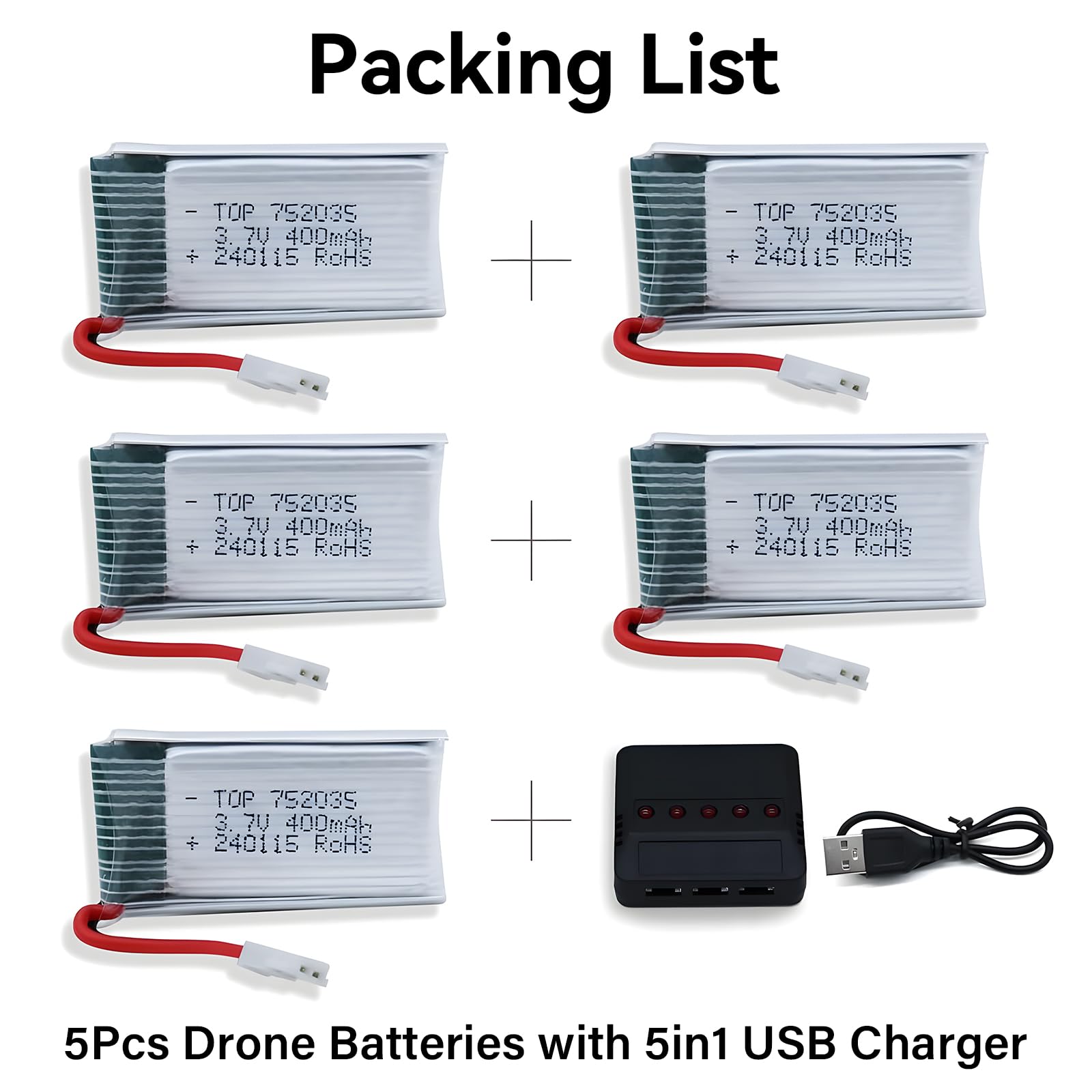 Batteria Lipo da 3,7 V, 400 mAh, ricaricabile, 5 pezzi, con caricatore USB 5 in 1, per Syma Q11, H99 W, H31, H6C, H98, TR-C385, TR-P51, TR-F22, AT-96, quadcopter parti aereo (5 pezzi, 3,7 V