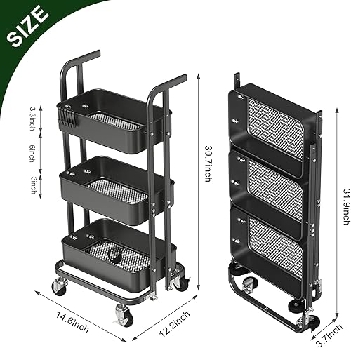 Miniatura 5 de DTK Mini carrito plegable de 3 niveles, carrito utilitario de metal con ruedas con bloqueo, carrito de almacenamiento plegable para sala de estar,