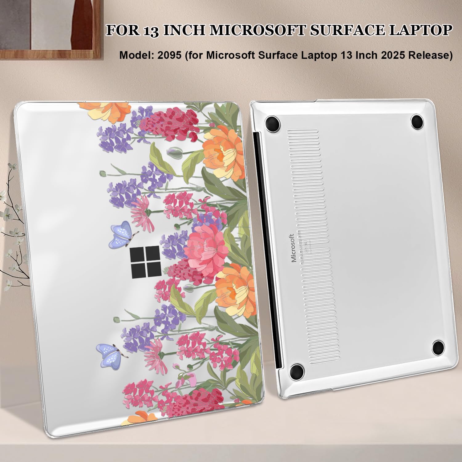Case for 13 Inch Microsoft Surface Laptop 2025 Release 2095, Lightweight Scratch-Resistant Pattern Plastic Hard Shell Case for Microsoft Surface Laptop 13 2095 Cover, Pink & Purple Flowers - Image 3