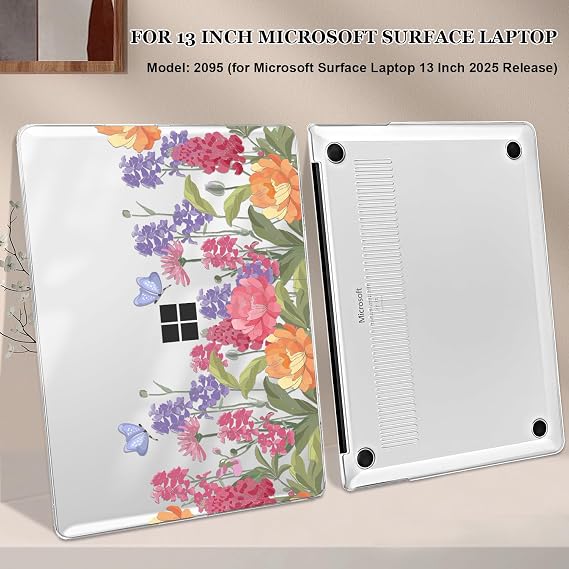 Case for 13 Inch Microsoft Surface Laptop 2025 Release 2095, Lightweight Scratch-Resistant Pattern Plastic Hard Shell Case for Microsoft Surface Laptop 13 2095 Cover, Pink & Purple Flowers