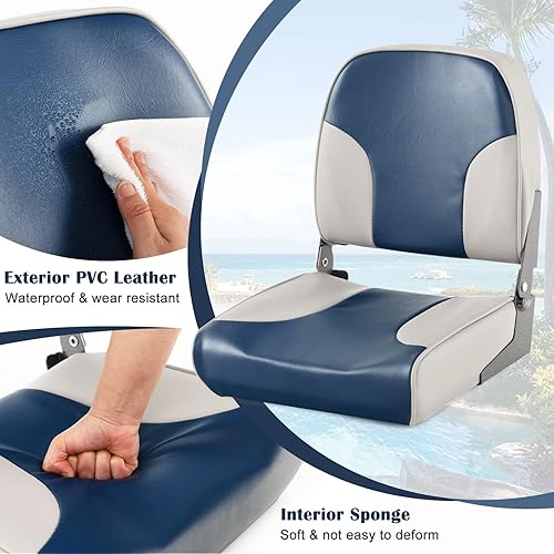 Miniatura 4 de Goplus Paquete de 2 asientos de barco de respaldo bajo, asientos plegables para barco con tornillos de acero inoxidable y bisagras de aluminio,