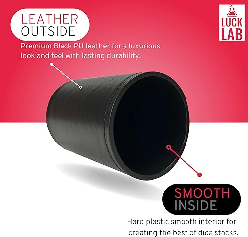 Vista 2 de Luck Lab Taza apilable de cuero negro con 5 dados de casino serializados con borde de maquinilla de afeitar de 0.748 in, taza recta profesional
