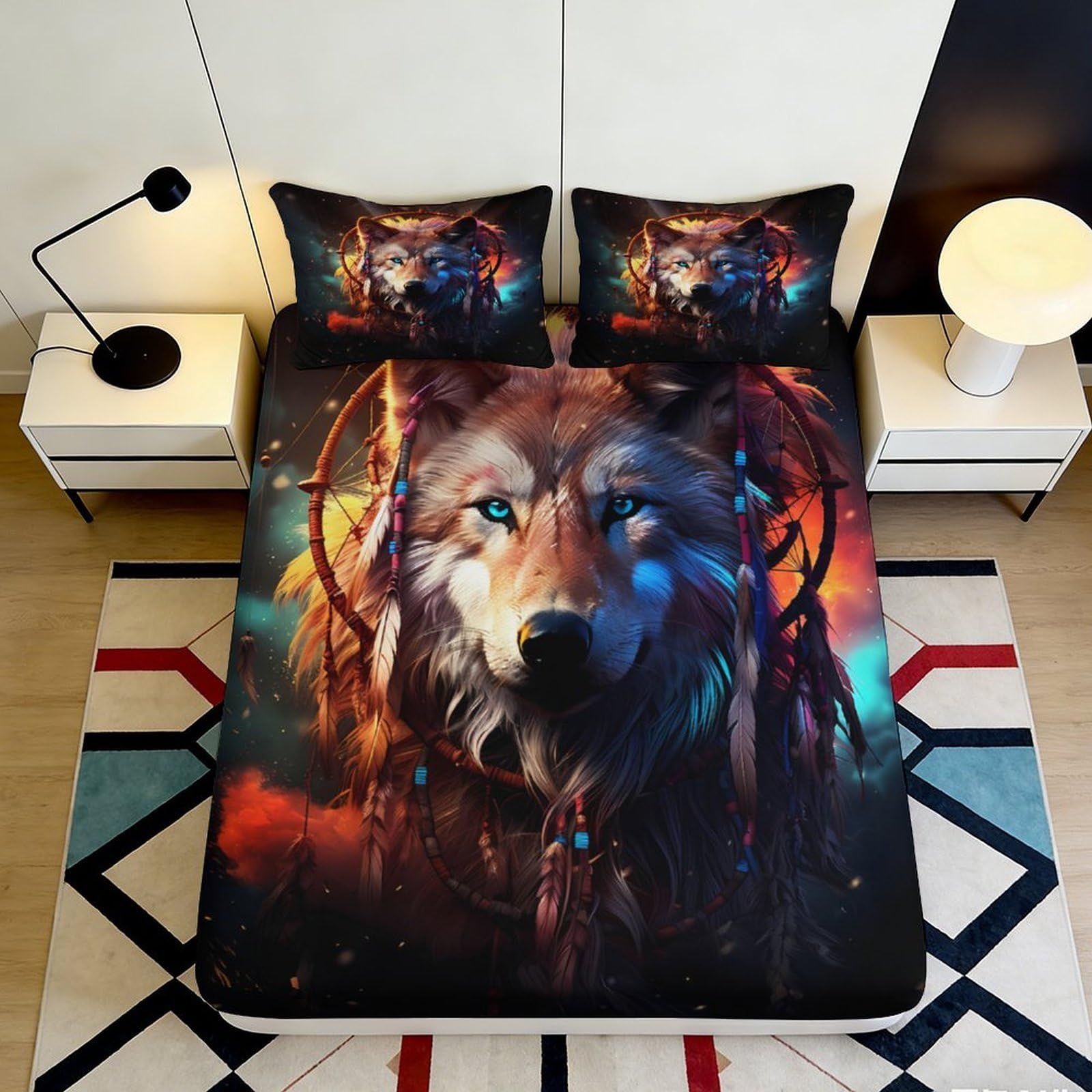 3D Printed Wolf Dreamcatcher Fitted Sheet Microfiber Soft Breathable Animal Spirit Bed Cover for Bedroom Dormitory Guest Room Protection Decor 200x200x25cm