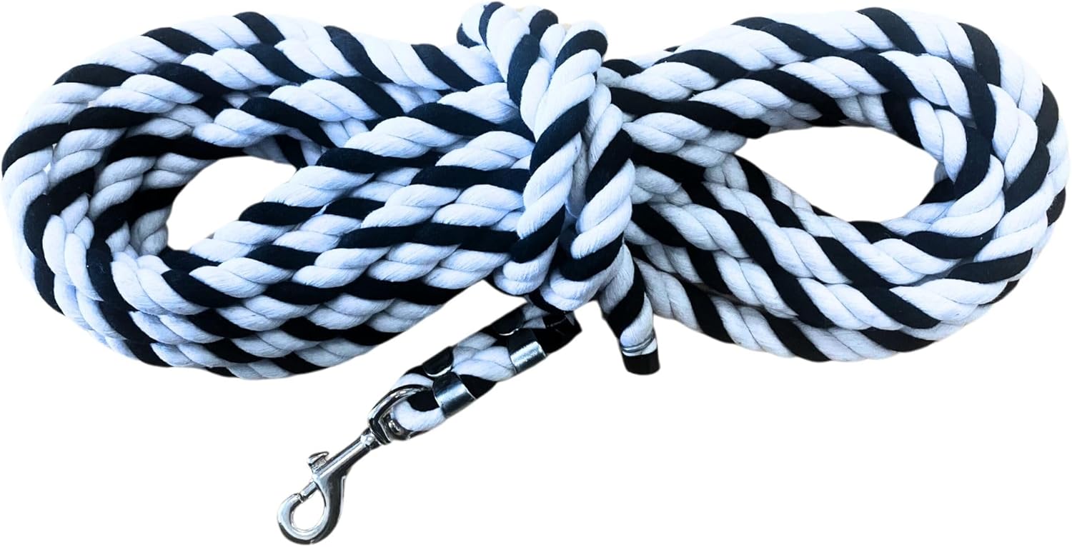 Intrepid International Premium Horse Rope Lunge Line - Durable 1/2" Diameter, 25' Length Cotton Lunge Line with Secure Snap for Equestrian Training Excellence, Black/White