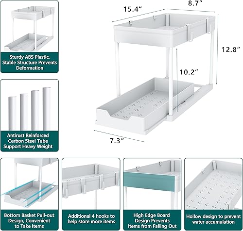 Miniatura 3 de Paquete de 2 organizadores para debajo del fregadero, organizador de gabinete de baño de 2 niveles con cesta deslizante, organizadores multiusos