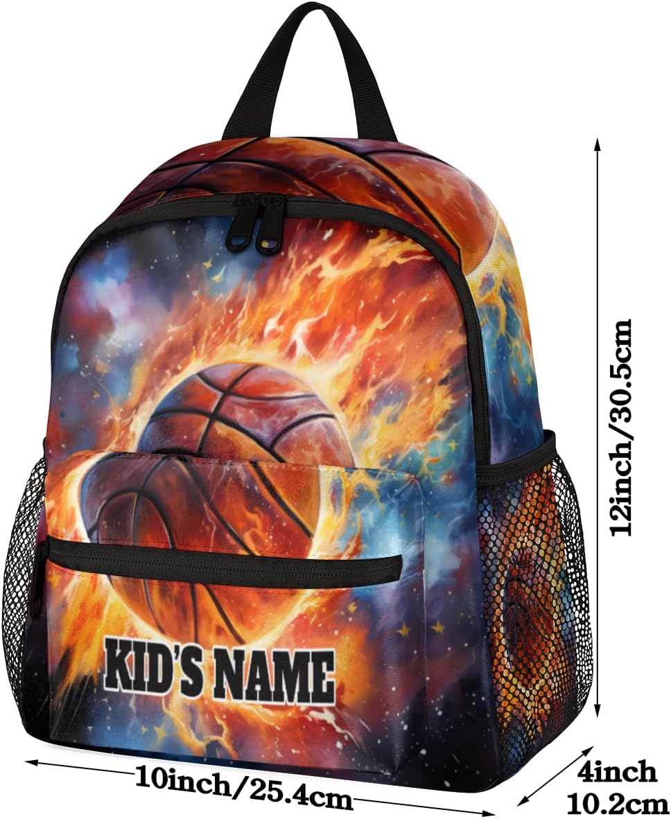 cfpolar Personalized Kids Backpacks for Boys Girls 12 In, Custom Name Mini Toddle Backpack, Waterproof School Bookbags Casual Daypack Bag for Preschool Kindergarten, Space Starry Sky Fire Basketball