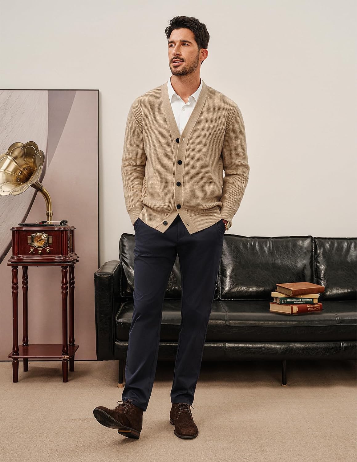 PJ PAUL JONES Mens Waffle Textured Cardigan Sweater Long Sleeve V-Neck Knitted Sweaters - Image 3