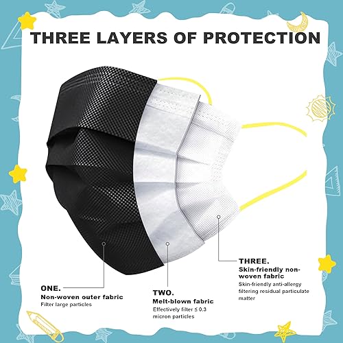 Miniatura 5 de Sheal 100 máscaras faciales desechables empaquetadas individualmente, color negro con cintas elásticas coloridas para las orejas, máscaras faciales