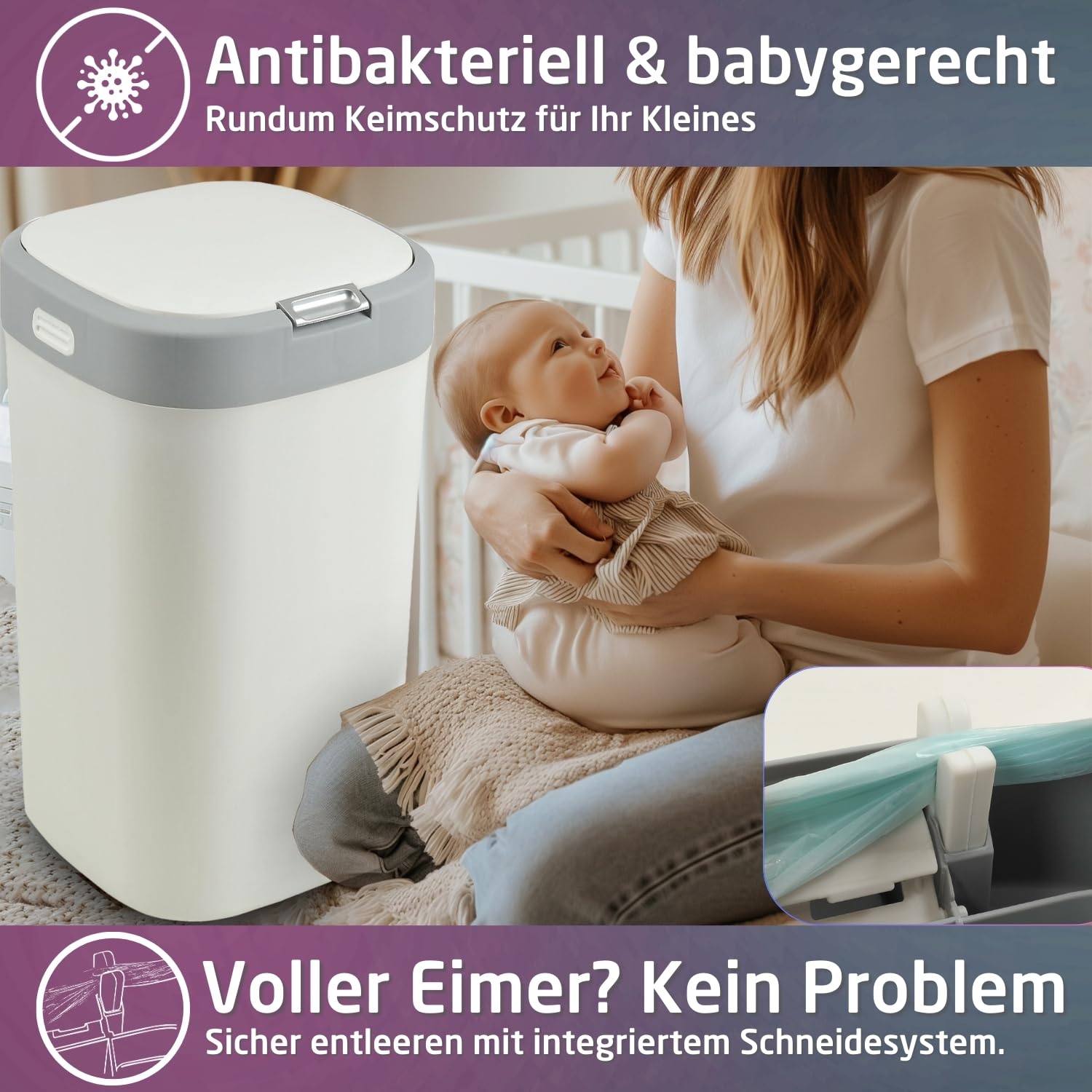 Pattumiera per pannolini, 19 l, inodore con sistema a sacchetto, coperchio touch di sicurezza per bambini, facile cambio cassetta, antibatterico, con 1 cassetta di ricarica