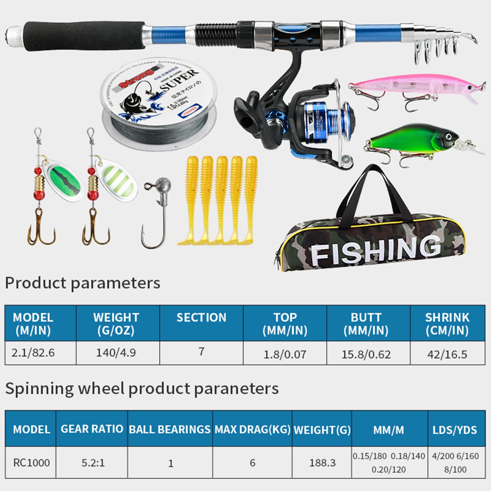 Combo da Pesca, Set di Canne da Pesca per Adulti, Set di strumenti per la pesca con esche da basco, attrezzatura esterna per pescatori maschi principianti