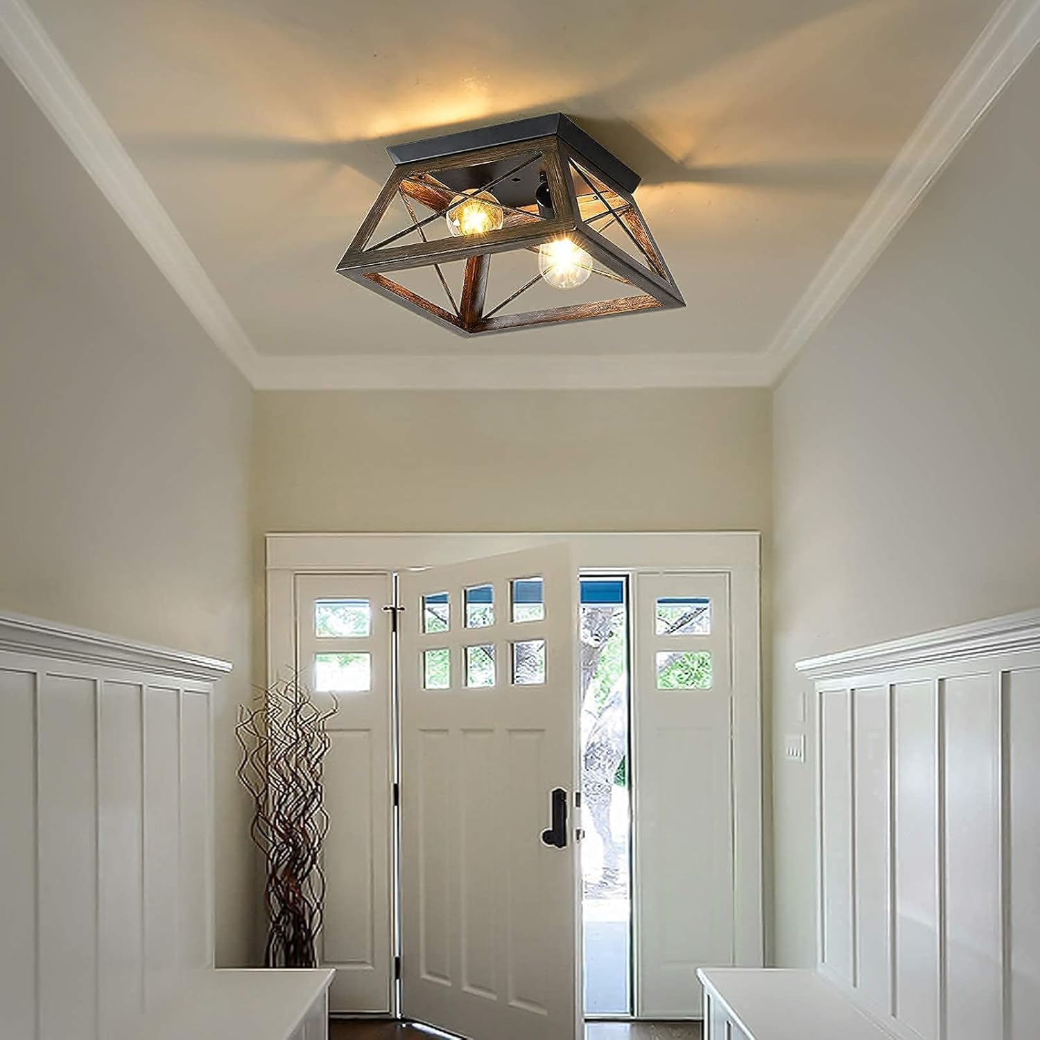 KDG Farmhouse Ceiling Lights, Recessed Corridor Antique Ceiling Lighting, with Square Metal Cage Llight Fixture, Adjustable, Used in Corridors, Restaurants, Bedrooms, Balconies. 2 Lights, Brown