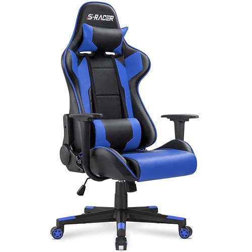 Homall Gaming Chair, Office Chair High Back Computer Chair Leather Desk Chair Racing Executive Ergonomic Adjustable Swivel Task Chair with Headrest and Lumbar Support(Blue) - Blue