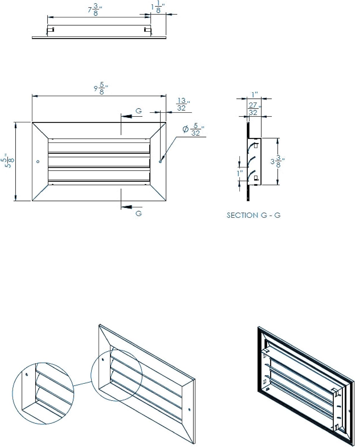 8 x 4 inch Ceiling or Wall Vent Cover in Aluminum, Return air Grille. HVAC registers, grilles & Vents, ac Vent Cover Adjustable Register. Outer Size is 9,625" Width X 5,625" Height. White. - - 