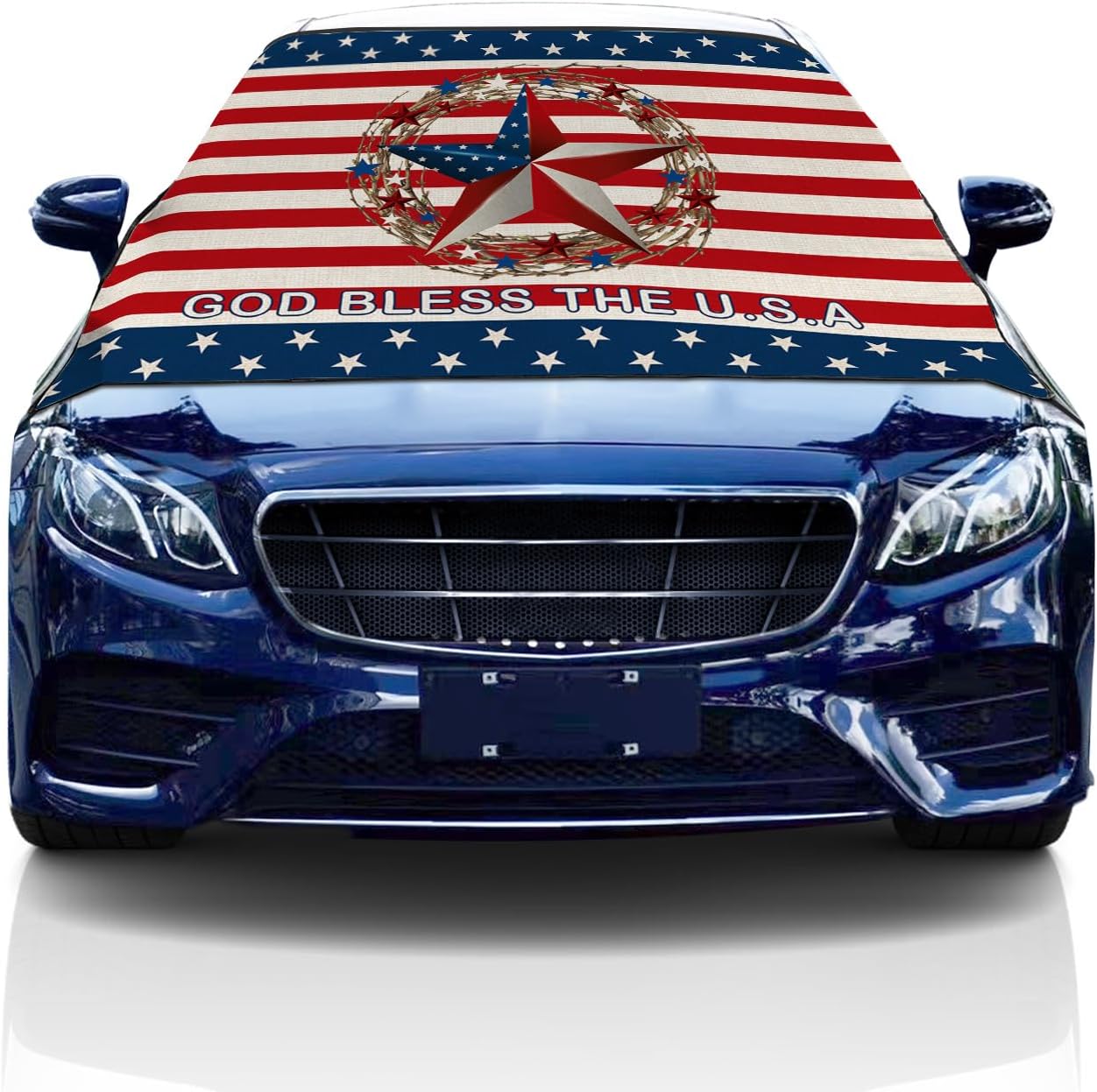 Car Windshield Snow Cover - American Flag Stars Stripes Wood Grain Winter Ice Frost Guard Sunshade Protector ,Fits Most Cars Trucks Vans SUV Automotive Front/Back Windshield Protector 86.6"x55"