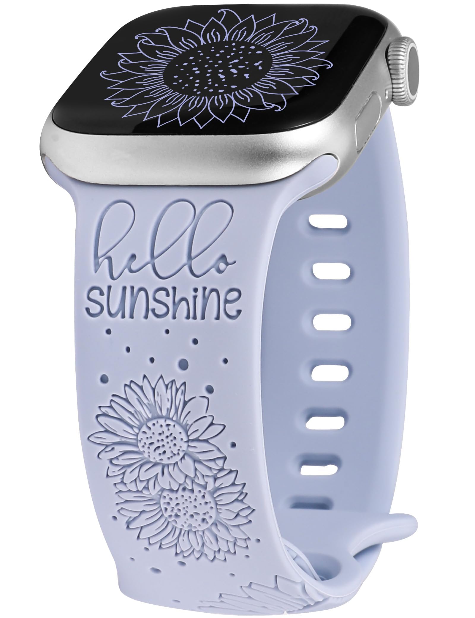 Compatible with Apple Watch Bands 38/40/41/42/44/45/46/49mm Women, Fancy Sunflower Engraved Band Floral Sport Silicone Flower Straps for iWatch Series 11 10 9 8 7 6 5 4 SE/Ultra 3 2 1 Light Blue 44/45/46/49/42mm(Series 3/2/1)