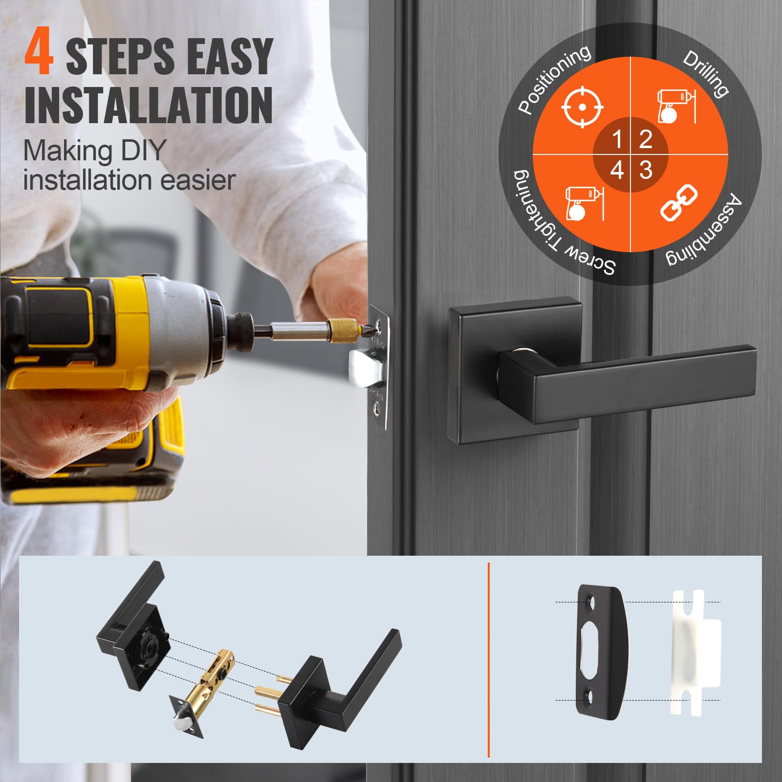 VEVOR 6 PCS Manija para Puerta de Paso, Manija Reversible para Zurdos o Diestros sin Bloqueo, Rotación de 45° para Abrir, Interior Cuadrado Universal para Pasillos, Espacios de Reunión, Negro Mate