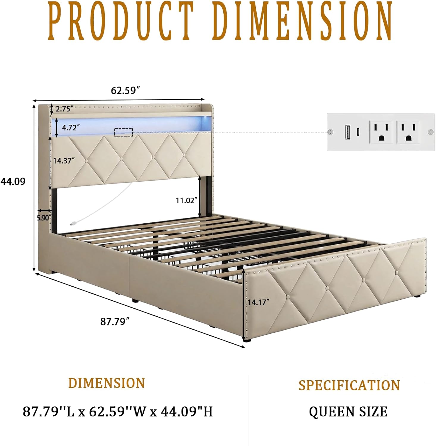 Bed frame with RGB LED lights illuminated, showing remote control and app control options.