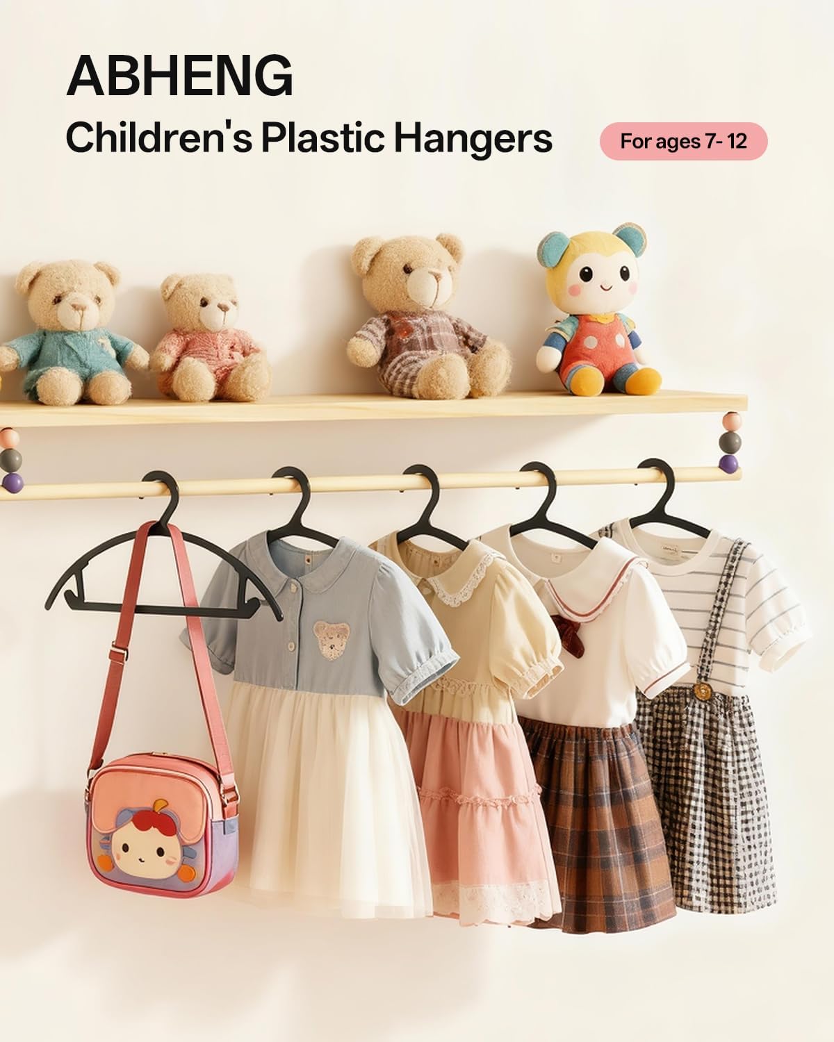 ABHENG 100 Pack Kids Hangers, Non-Slip & Sturdy Coat Hangers, Ultra-Thin Plastic Suit Hangers for 7-12 Years Old, Dry & Wet Dual-Use Multi-Scenario Storage, Holds Up to 11 LB, 14" W,Black,UAPY09100B