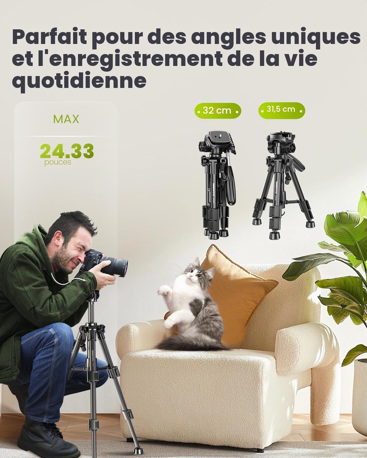 CAMBOFOTO 62cm Mini Trépied, Trépied de Table tête tridimensionnelle, Léger et Portable pour Voyage, Tête 3D Panoramique, Charge 2kg, Sac de Transport