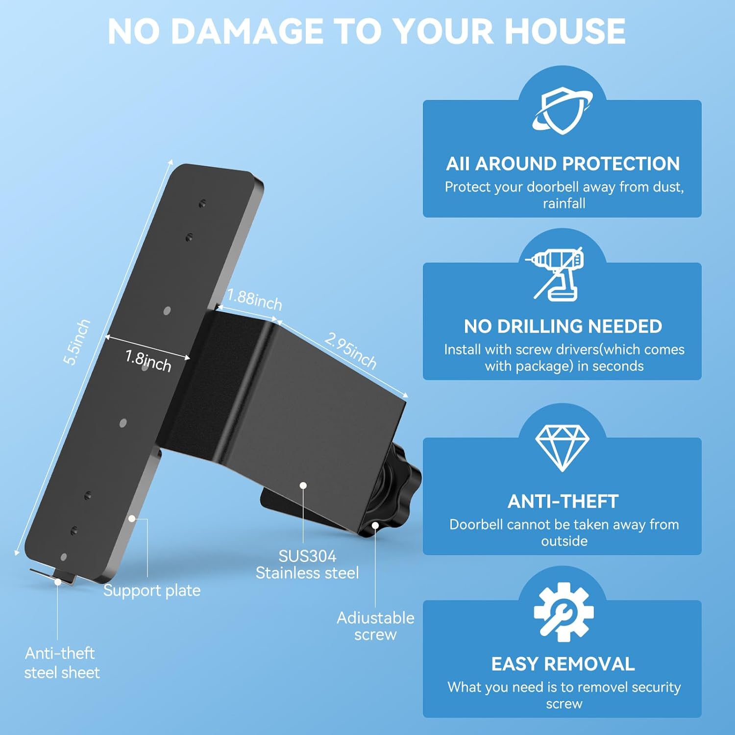 Anti-Theft Video Doorbell Mount Compatible with Eufy E340 - No Drilling Installation, Motion Sensor Unblocked, Adjustable Eufy Doorbell E340 Mount for Houses, Apartments, Rentals (Black) - Image 4