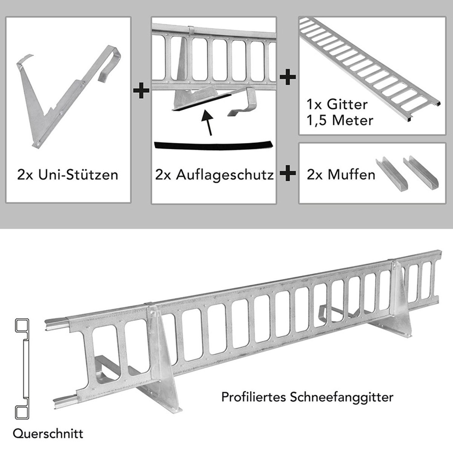 Schneefanggitter Rot 1,5 m, 7-teiliges Set inkl. Auflageschutz, Made in Germany, 233 kg pro Meter stark, universales Schneefangsystem, blitzschnell montiert