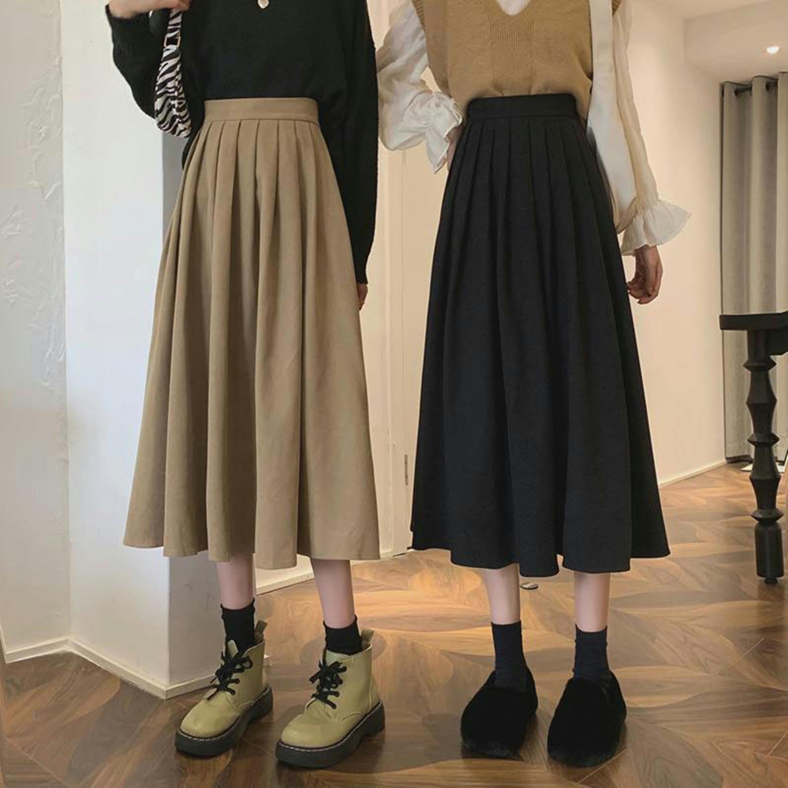 TEidea Spódnice damskie vintage z wysokim stanem plisowane spódnice dla kobiet w stylu college'u długa spódnica damska jesień na co dzień spódnice o linii A