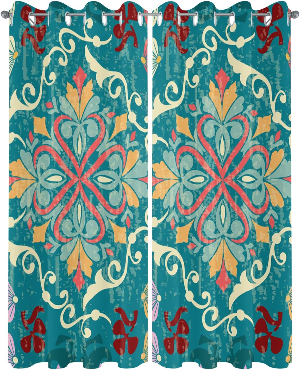Boho Teal Outdoor Curtains for Patio, Waterproof Porch Curtain, Colorful Vintage Turkish Pattern Modern Geometric Grommet Privacy Drapes Curtains for Cabana, Deck, 2 Panel, 54" x 84" x 2
