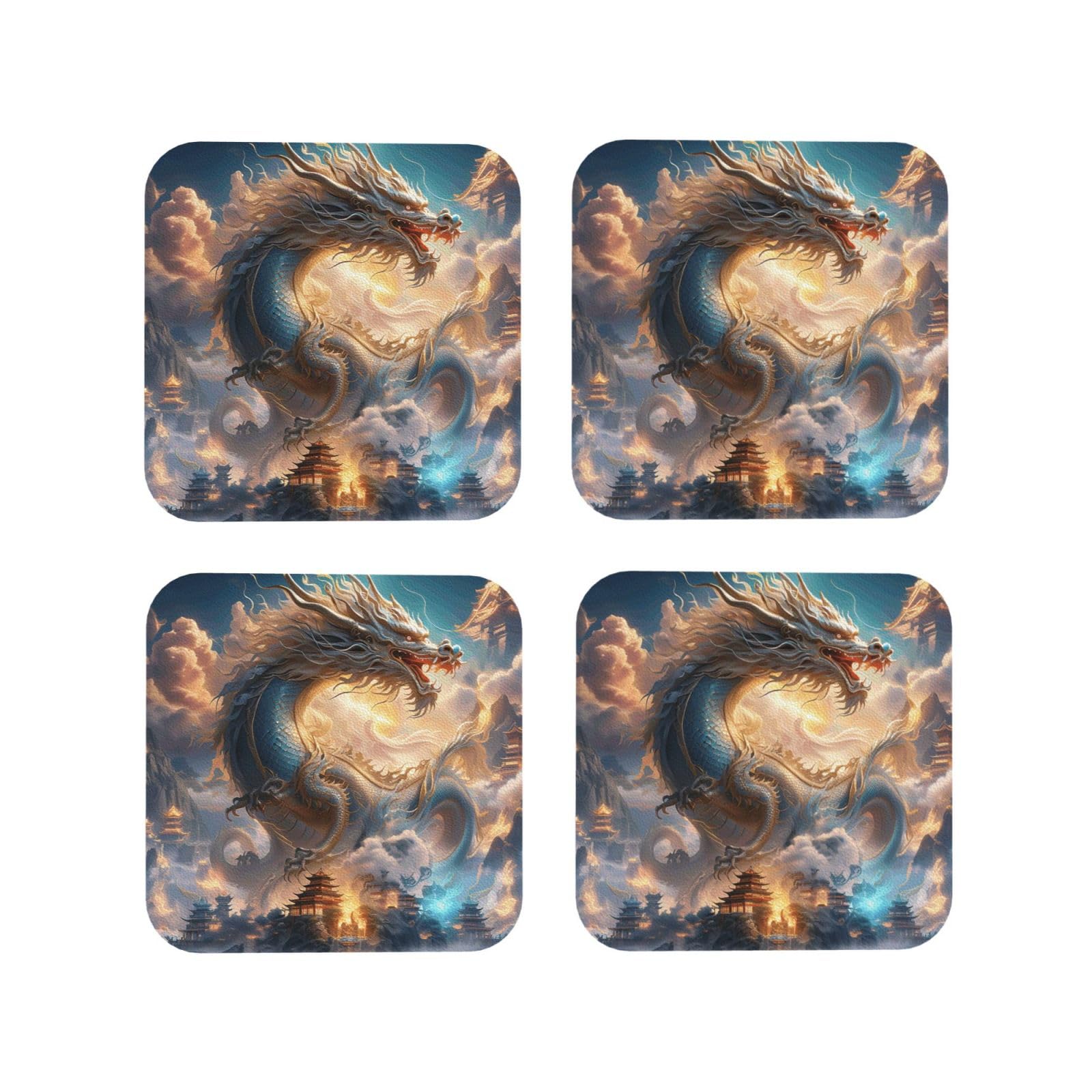 4Pcs PU Leather Coaster for Drinks, Dragon in the Heavenly Palace Cup Coastersr 4" Cup Mat Pad, Aesthetic Drink Coasters for Coffee Table, Square Coaster for Tabletop Protection