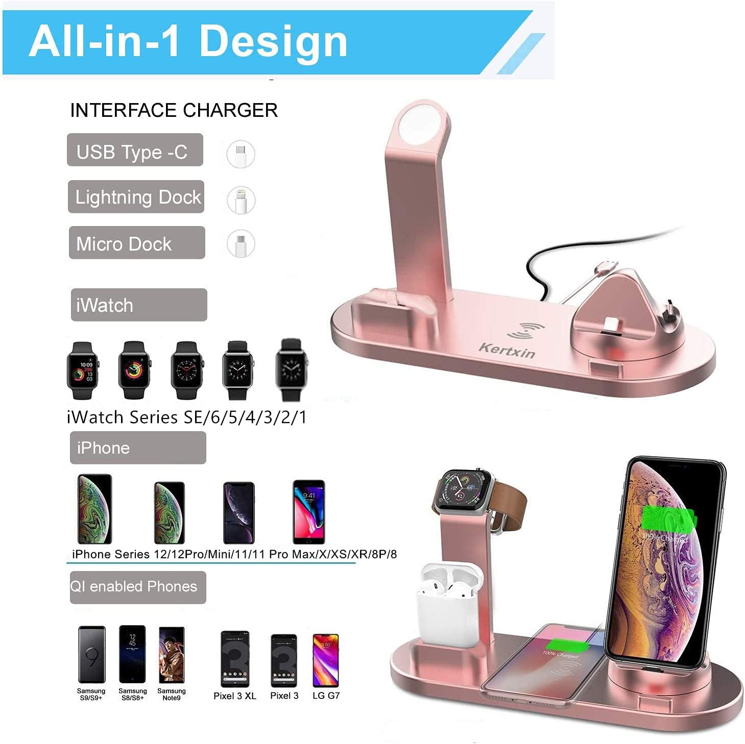 Kertxin Wireless Charger,4 in 1 Charging Station Qi Wireless Charging Stand for Apple Watch,iPhone,Airpods,Compatible with iPhone 12/11/11 pro Xs X Max XR X 8 8+ Samsung S20/S9/S8 : Cell Phones & Accessories