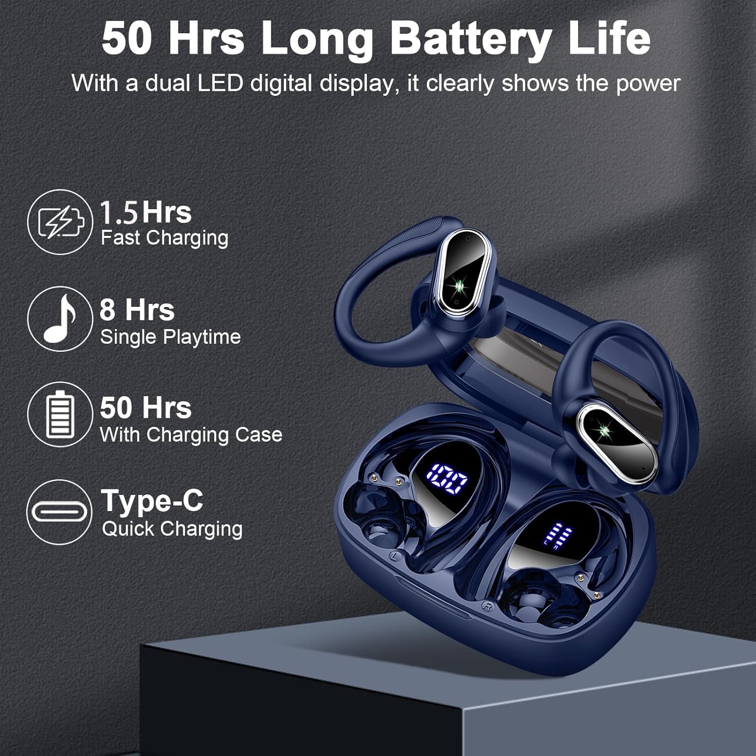 Cuffie Bluetooth Sport, Auricolari Bluetooth 5.3 Wireless con 4 ENC Cancellazione Rumore Mic, 50 Ore HiFi Stereo Cuffie Wireless, IP7 Impermeabile, Cuffiette Bluetooth con LED Display, USB-C, Blu
