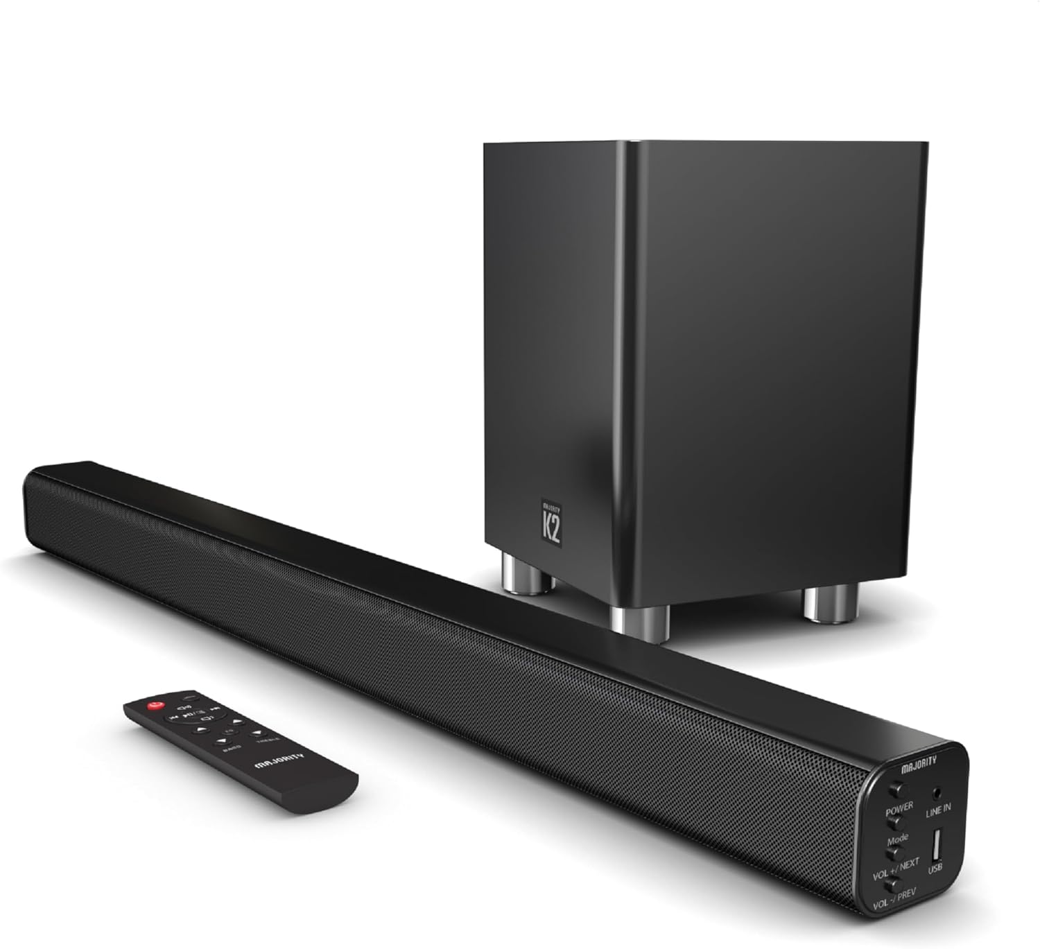 MAJORITY Home Cinema Soundbar for TV with Subwoofer I 3D Theater Surround Sound System with 150W and 2.1 Channel Speakers I Bluetooth, AUX, Optical, and USB with Auto Power Off Function I K2 Black