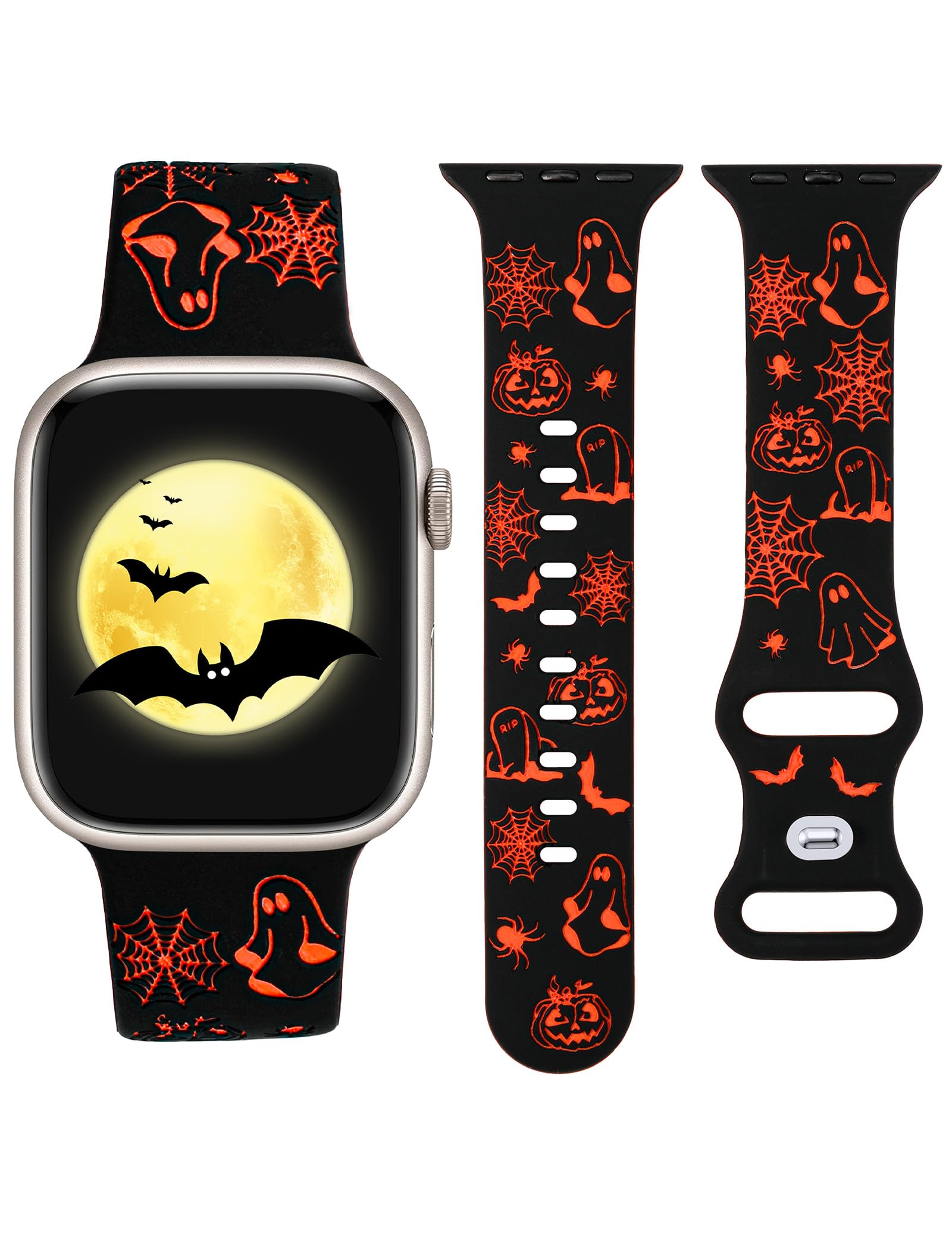 W-RARA Halloween Engraved Band Compatible with Apple Watch Band 38/40/41/42/44/45/46/49mm for Women Men, Two-Tone Cute Silicone Pumpkin Ghost Strap