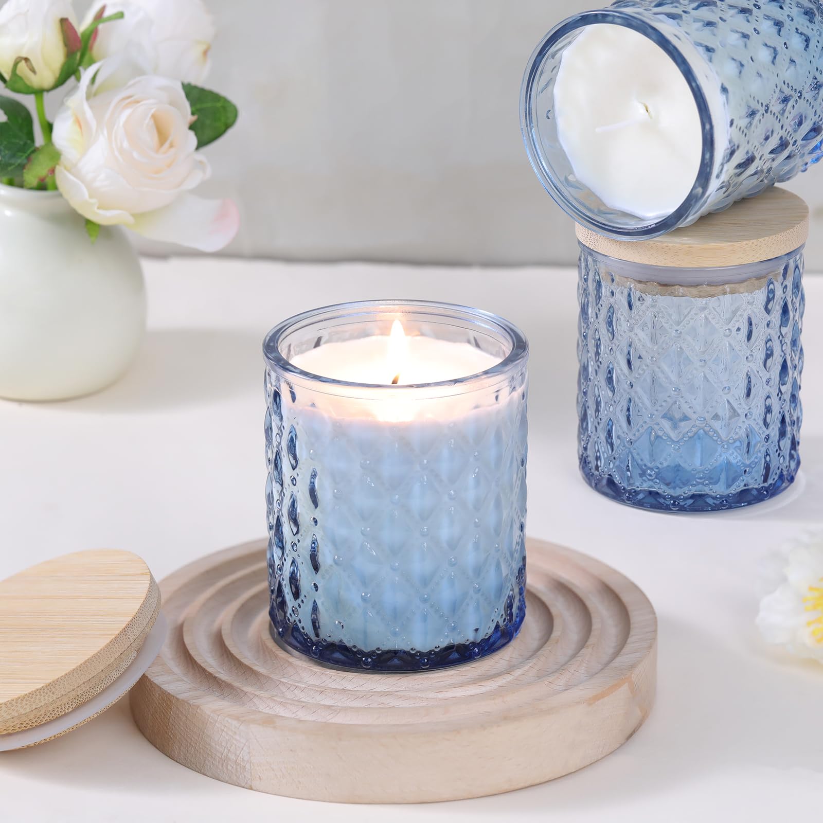 MATAHUM 8 blaue Kerzengläser zur Herstellung von Kerzen, leere Glaskerzenherstellungsgläser mit Bambusdeckel für Kerzenherstellung, Kerzenbehälter, Gefäße für Heim-DIY-Dekoration