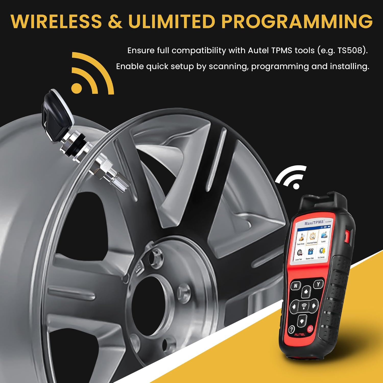 Universal TPMS Sensors 315MHz+433MHz, 2-in-1 Tire Pressure Monitoring Sensor Programmable Compatible with TPMS Tool TS408 TS508 TS608, Replaceable Metal Valve Stem (4PC)